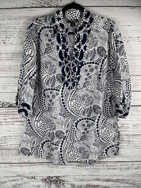 Style & Co Shirt Women's 16W Blue White Linen Tunic Top Paisley Boho Embroidered